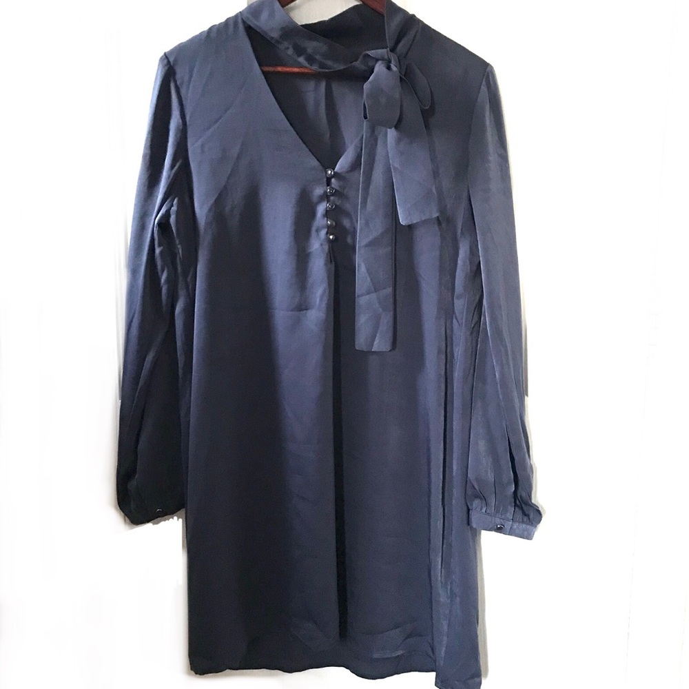 Everly slate blue neck-tie shift dress